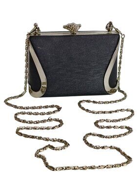 VTG Black Evening Clutch Hard Shell Purse Rhinestone Clasp Silver Elegant Gala